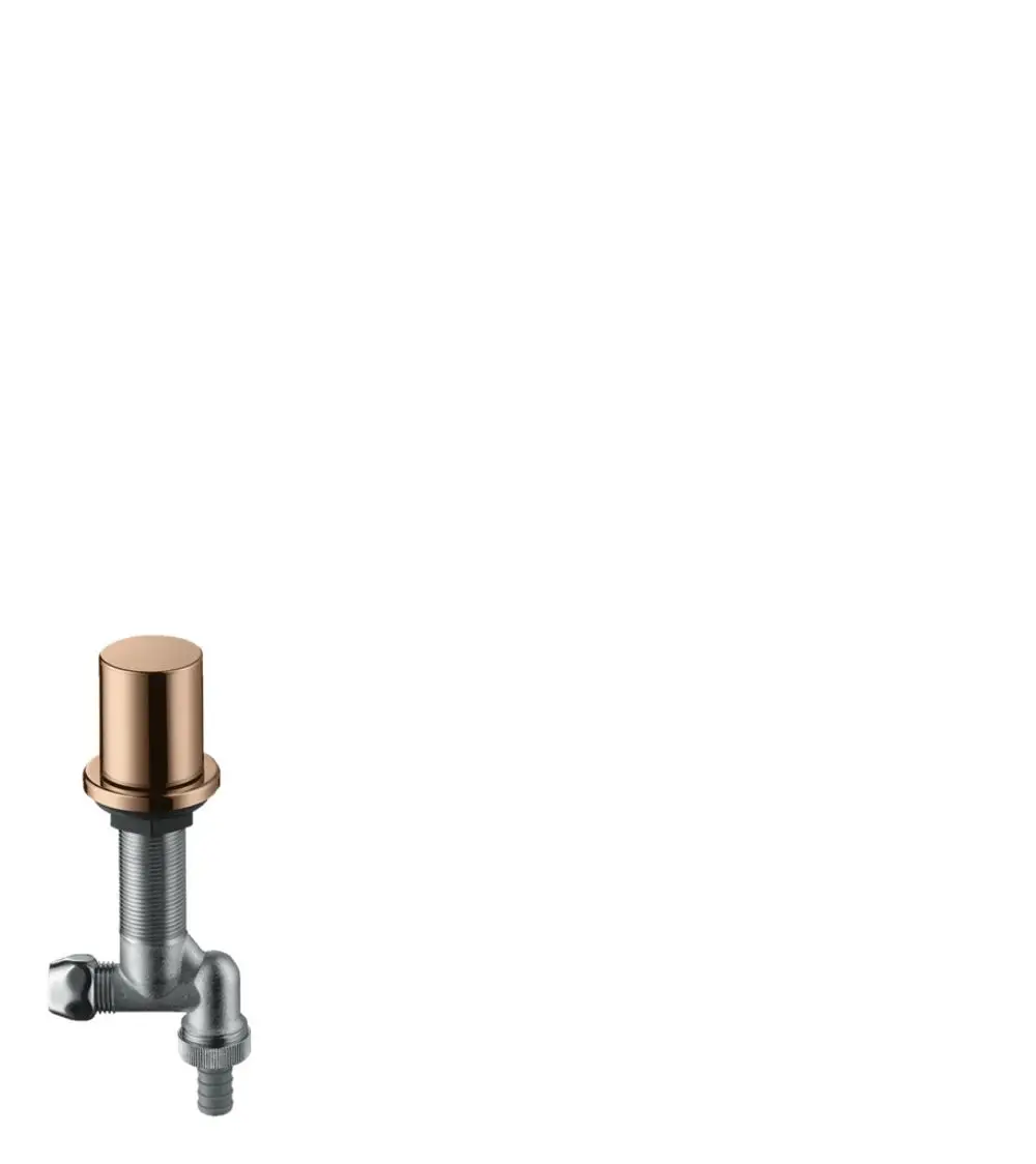 Gerät mit verchromtem und poliertem Rotgold-Finish, ausgestattet mit einem kugeligen oberen Teil und einem seitlichen Anschluss, designt von Hansgrohe für Küchenanwendungen.